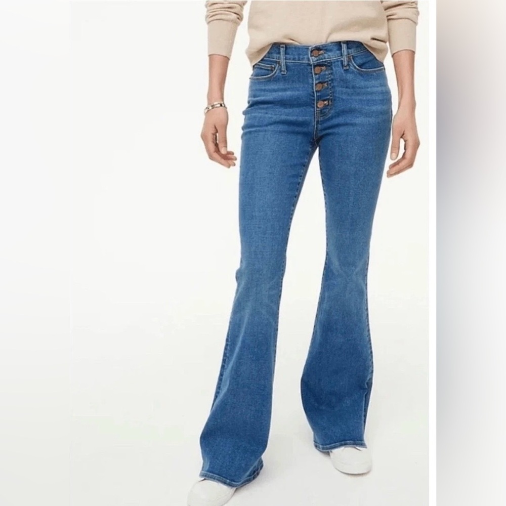 New J Crew Full Length Flare Jeans Button Fly Medium Wash 27 Signature Stretch